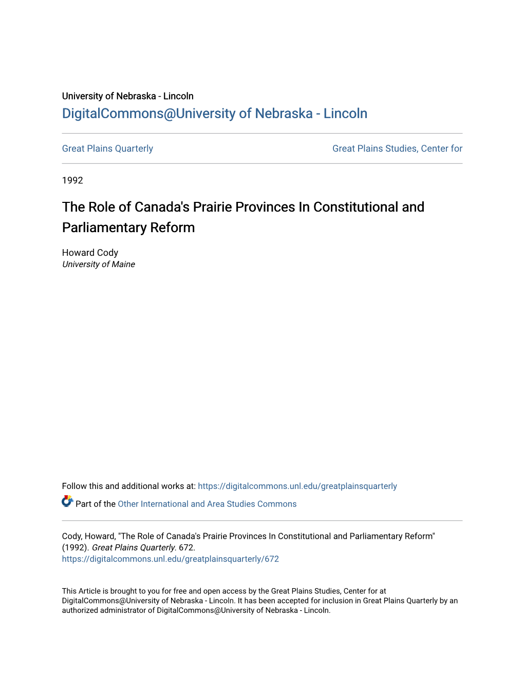 The Role of Canada's Prairie Provinces in Constitutional and Parliamentary Reform