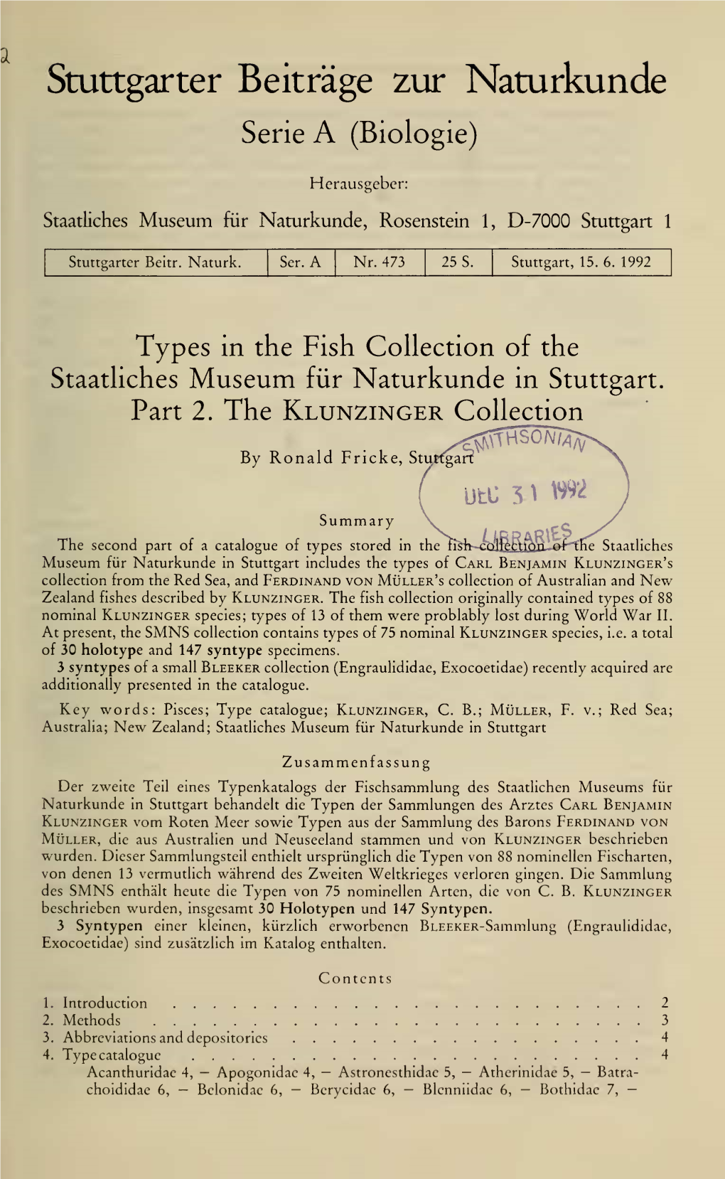 Stuttgarter Beiträge Zur Naturkunde