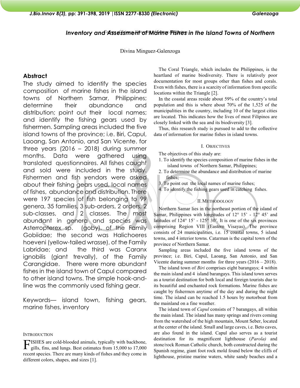 Inventory and Assessment of Marine Fishes in the Island Towns Of