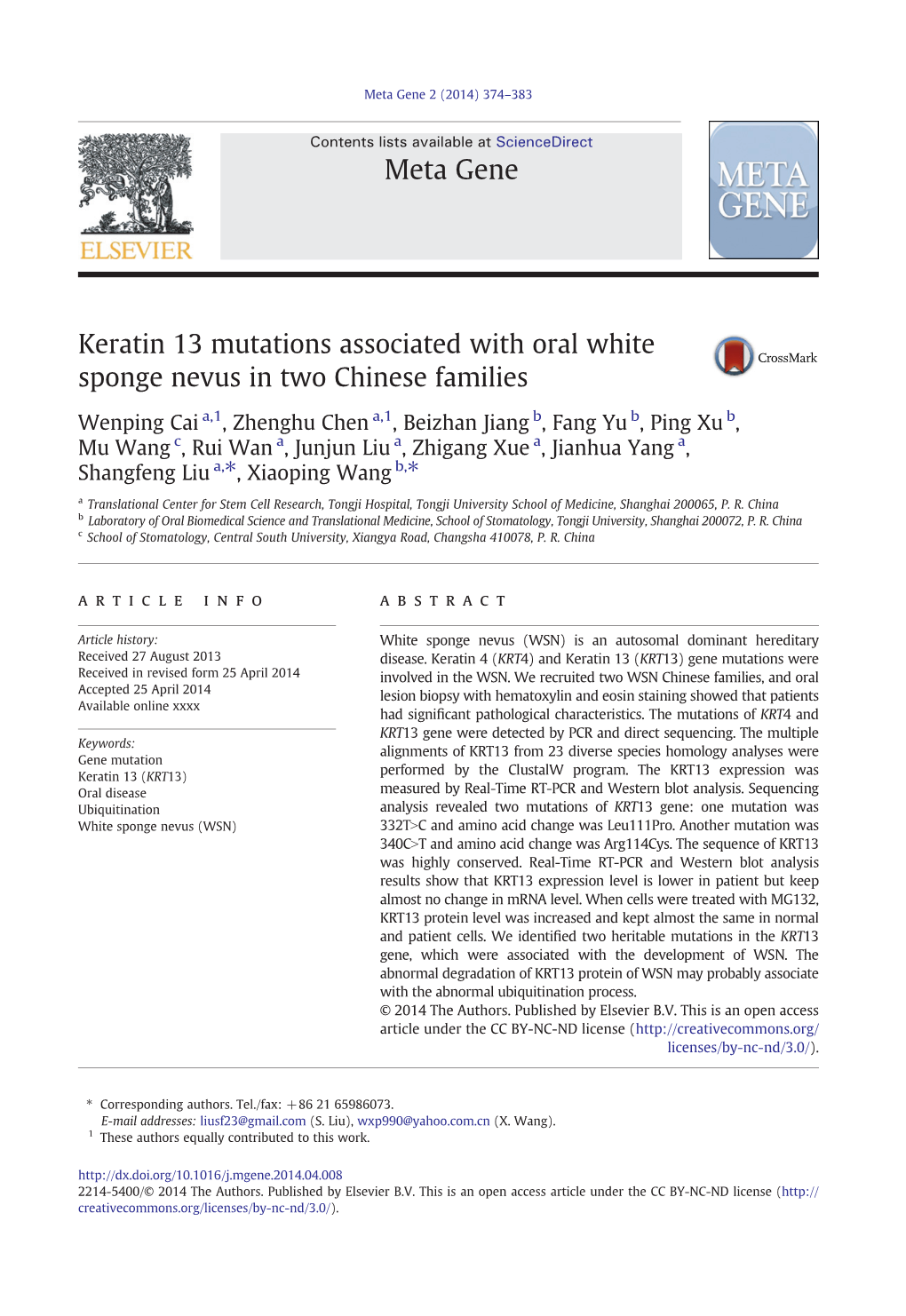 Keratin 13 Mutations Associated with Oral White Sponge Nevus in Two Chinese Families