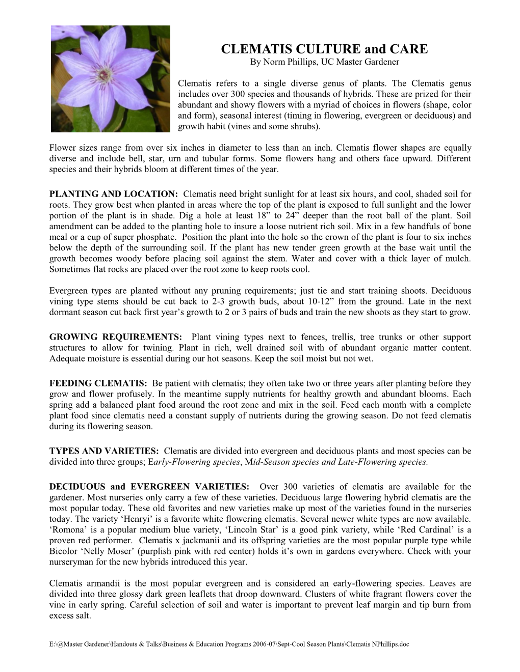 CLEMATIS CULTURE and CARE by Norm Phillips, UC Master Gardener