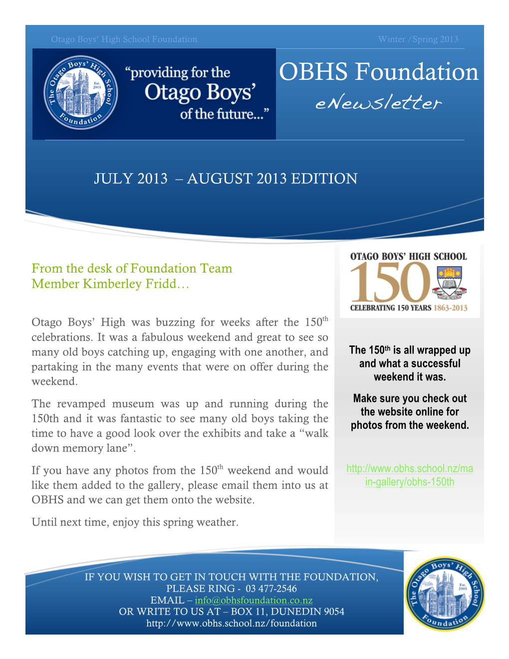 OBHS Foundation Enewsletter