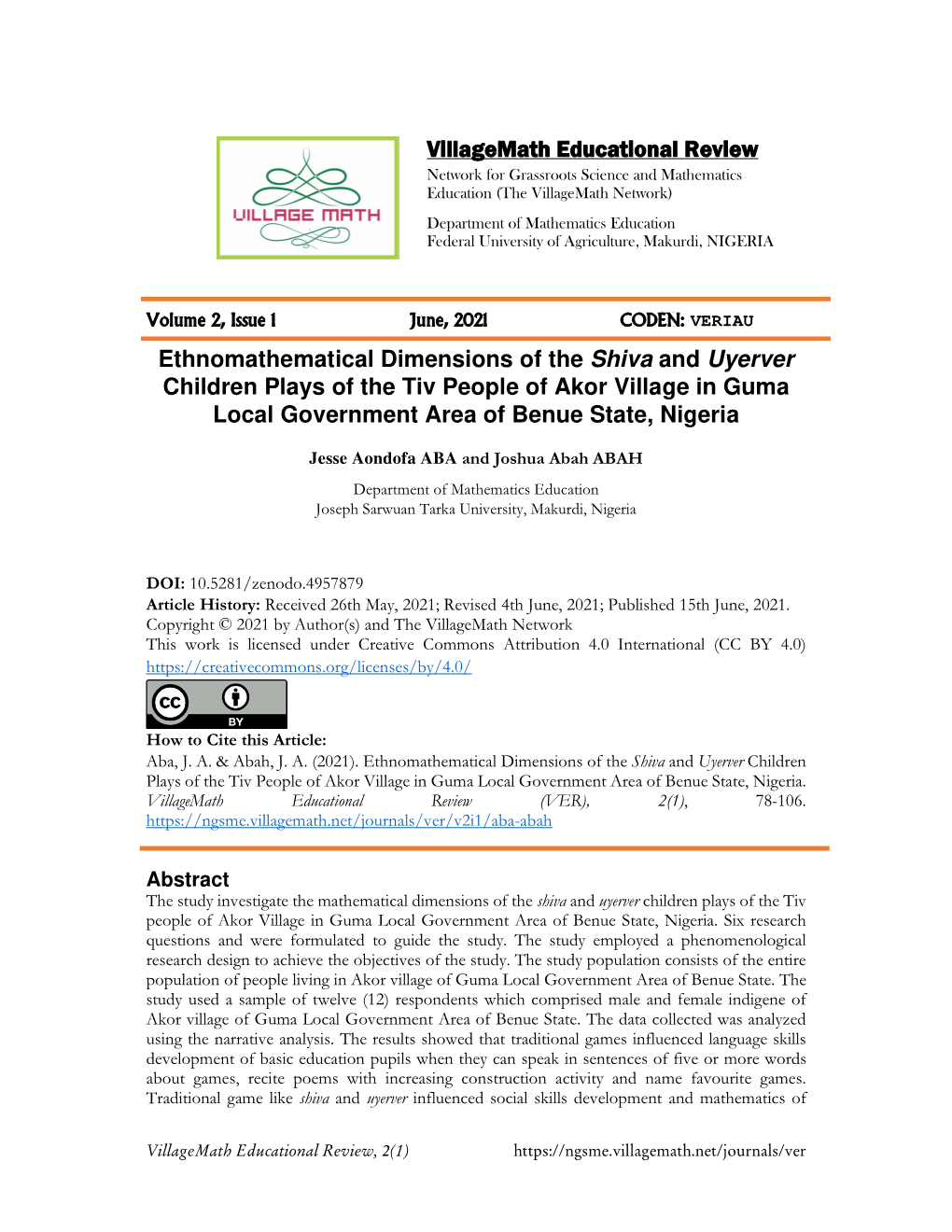 Ethnomathematical Dimensions of the Shiva and Uyerver Children Plays of the Tiv People of Akor Village in Guma Local Government Area of Benue State, Nigeria