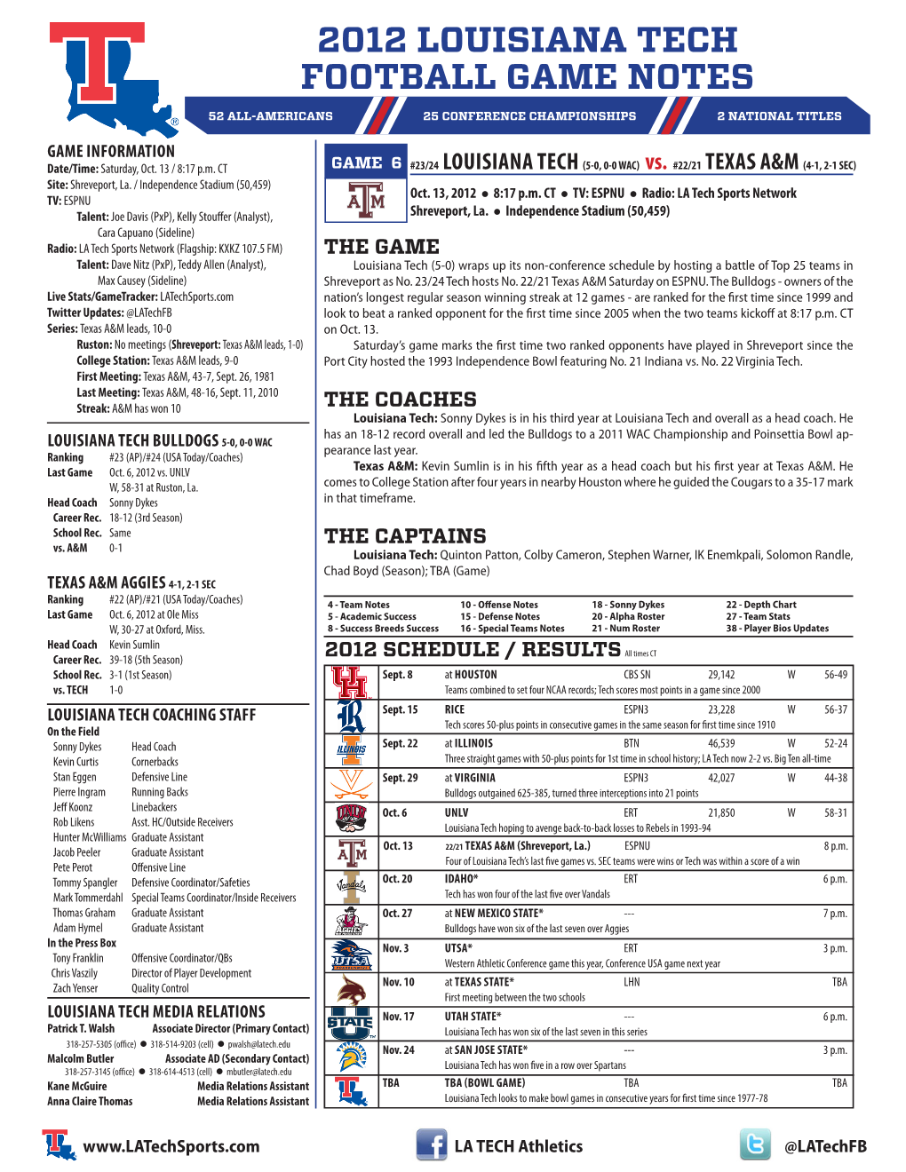 2012 Louisiana Tech Football Game Notes 52 All-Americans 25 Conference Championships 2 National Titles