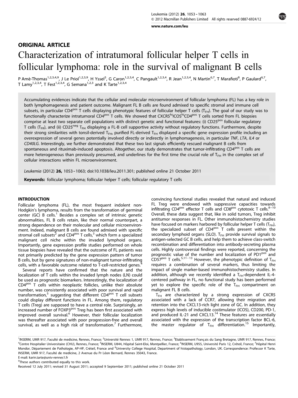 Characterization of Intratumoral Follicular Helper T Cells in Follicular Lymphoma: Role in the Survival of Malignant B Cells