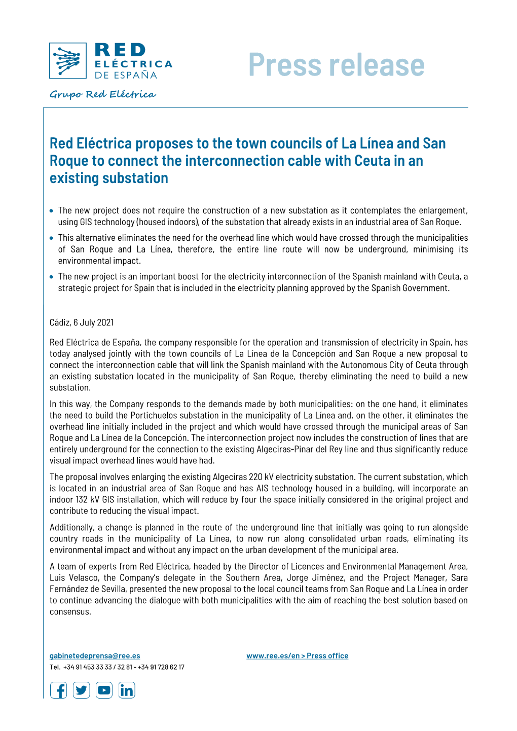 Red Eléctrica Proposes to the Town Councils of La Línea and San Roque to Connect the Interconnection Cable with Ceuta in an Existing Substation