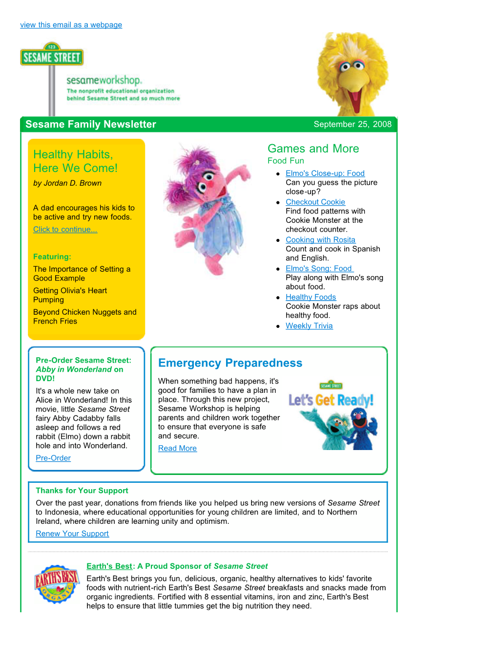 Sesame Family Newsletter September 25, 2008