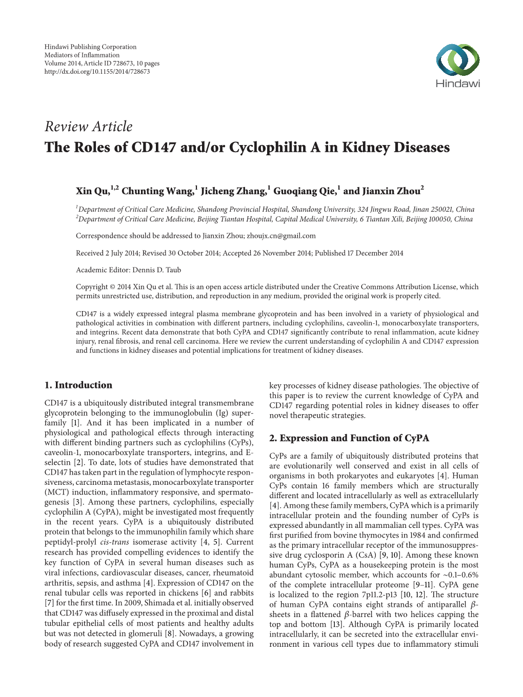 The Roles of CD147 And/Or Cyclophilin a in Kidney Diseases