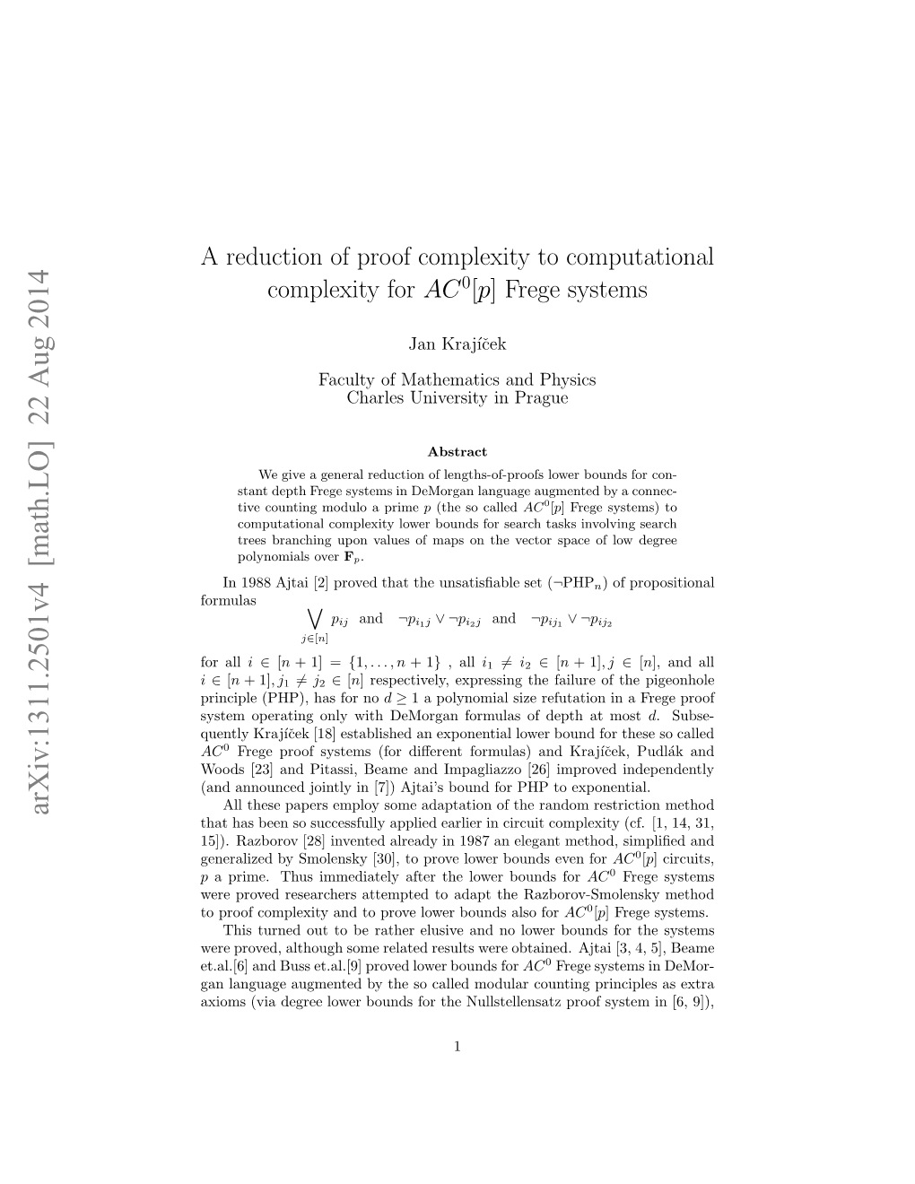 A Reduction of Proof Complexity to Computational Complexity for $ AC^ 0 [P] $ Frege Systems