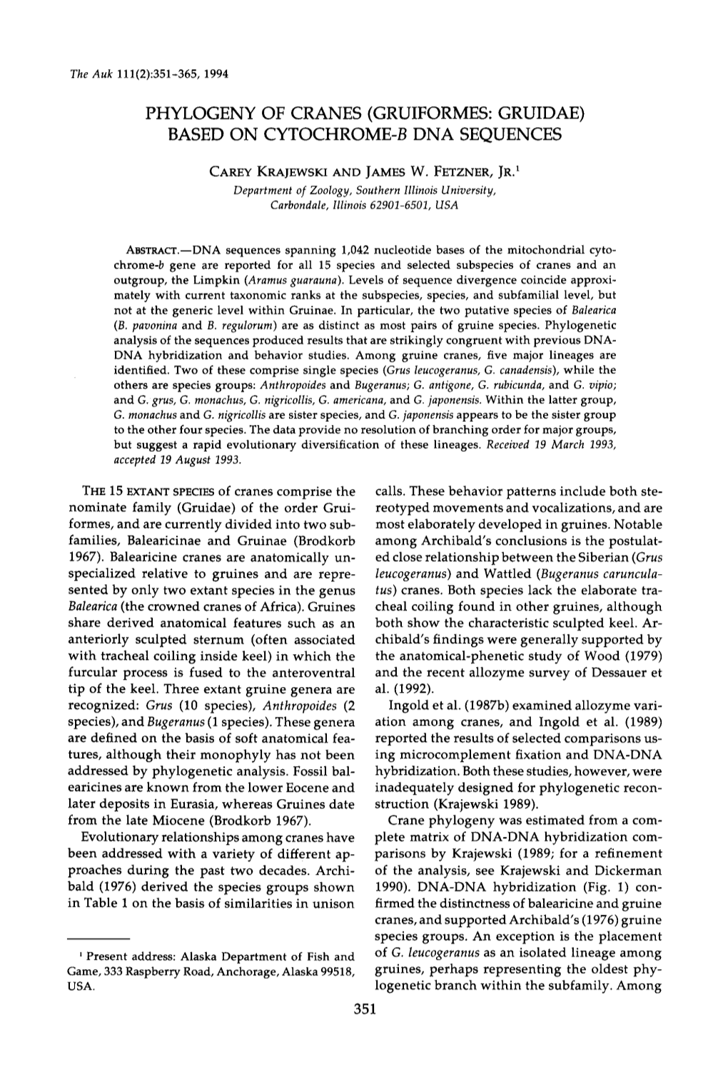 Phylogeny of Cranes (Gruiformes: Gruidae) Based on Cytochrome-B Dna Sequences