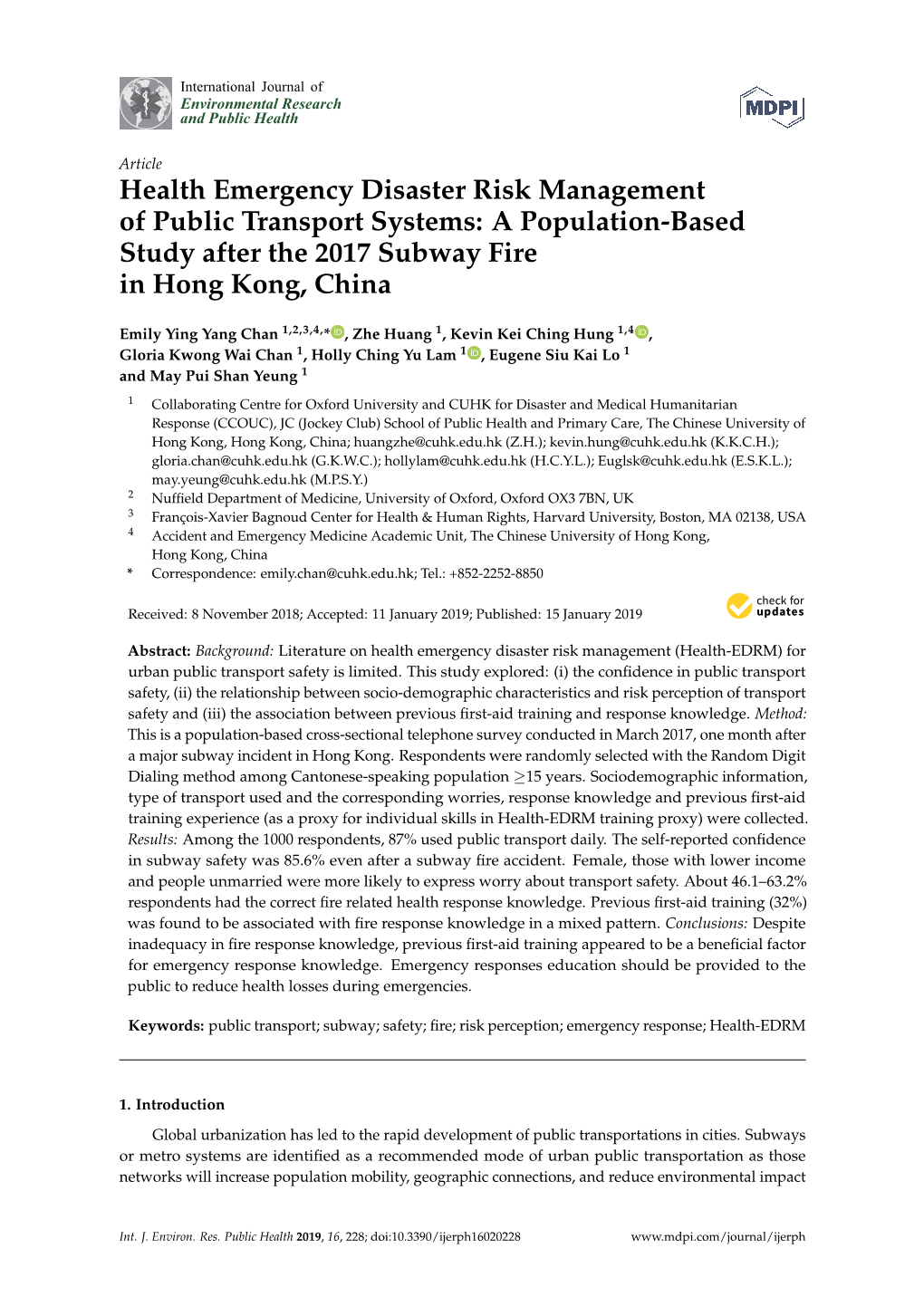 Health Emergency Disaster Risk Management of Public Transport Systems: a Population-Based Study After the 2017 Subway Fire in Hong Kong, China