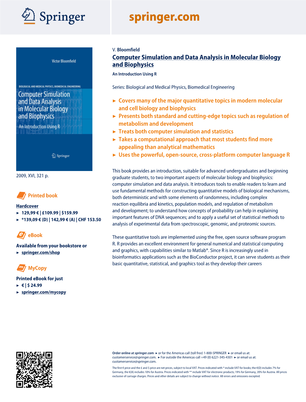 Computer Simulation and Data Analysis in Molecular Biology and Biophysics an Introduction Using R