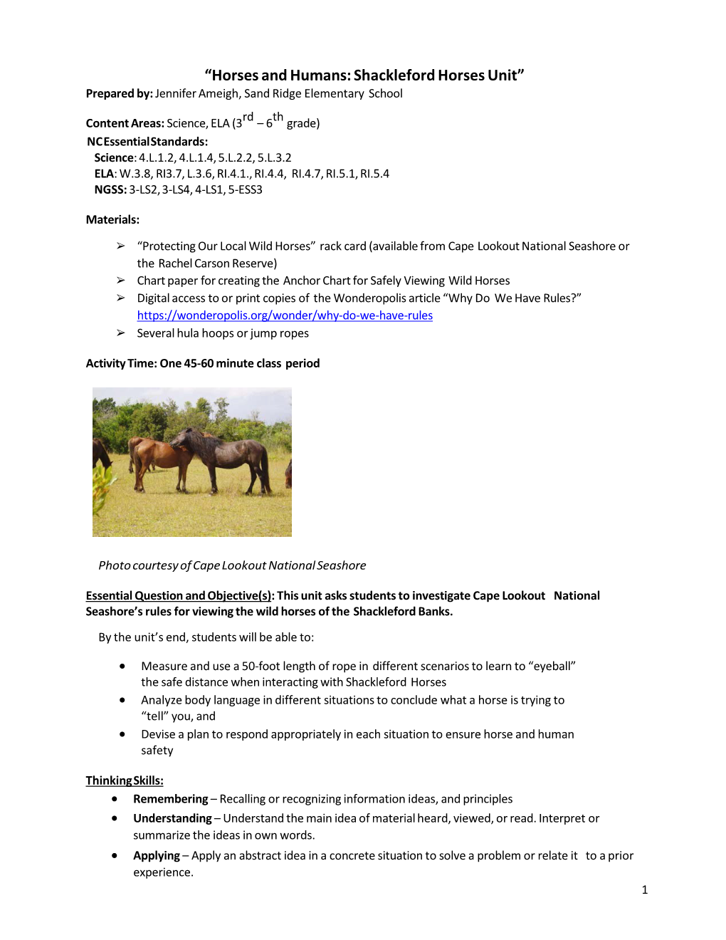 Shackleford Horses Unit” Prepared By: Jennifer Ameigh, Sand Ridge Elementary School