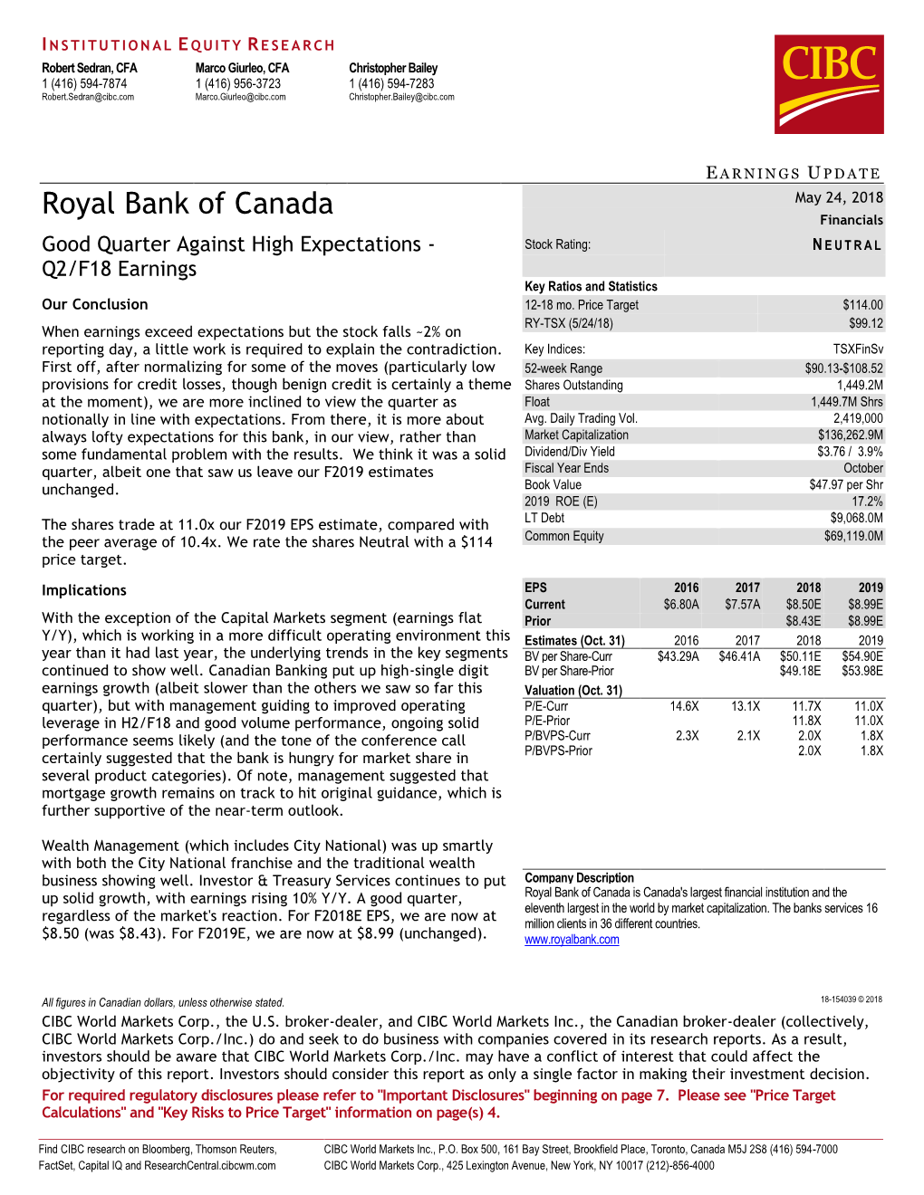 Royal Bank of Canada May 24, 2018 Financials Good Quarter Against High Expectations - Stock Rating: N EUTRAL Q2/F18 Earnings Key Ratios and Statistics