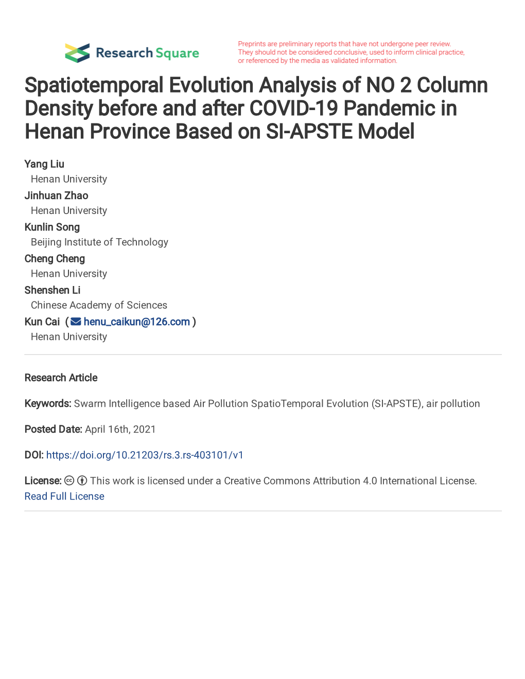 Spatiotemporal Evolution Analysis of NO2 Column Density Before and After COVID-19 Pandemic in Henan Province Based on SI-APSTE Model