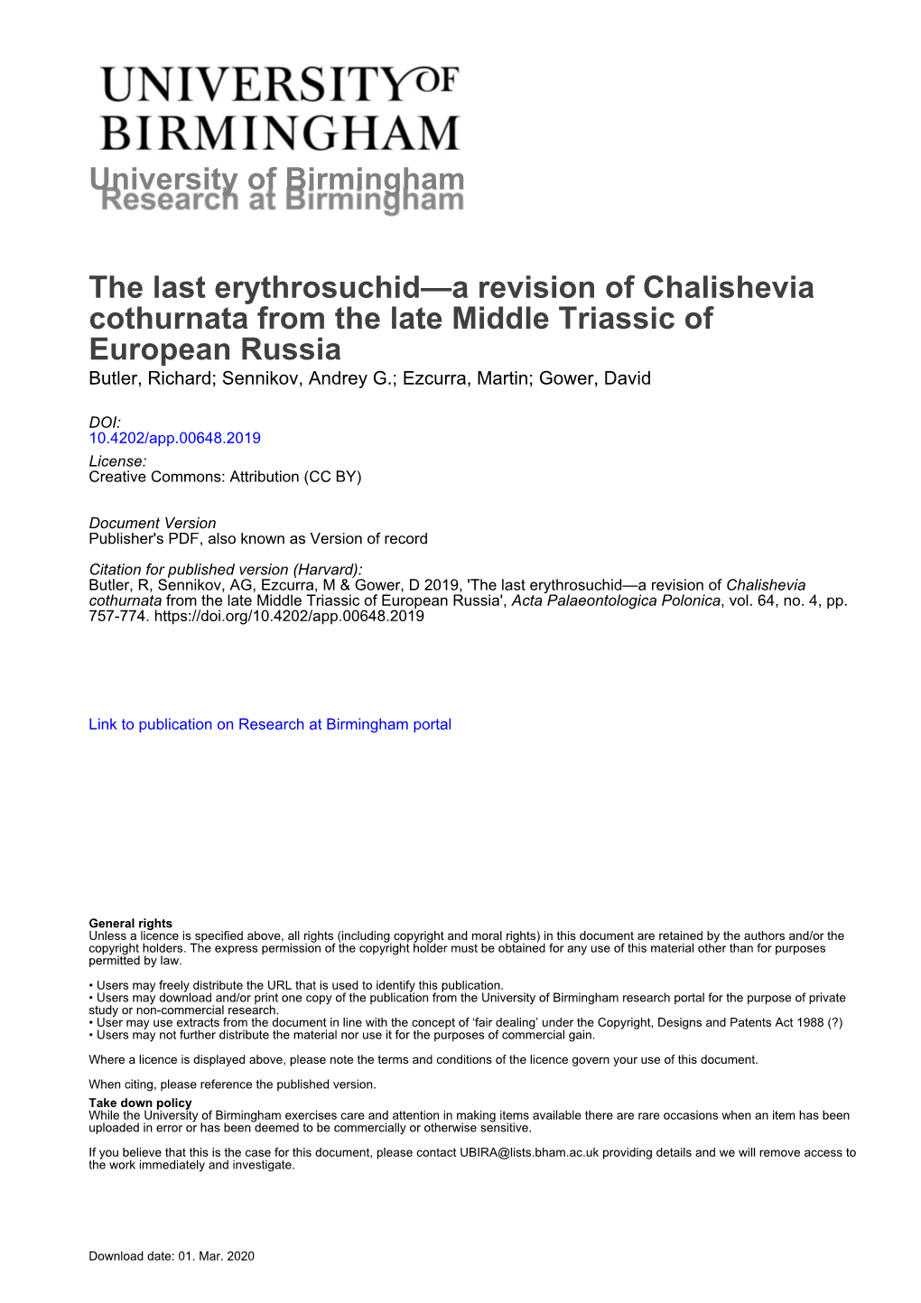 University of Birmingham the Last Erythrosuchid—A Revision Of