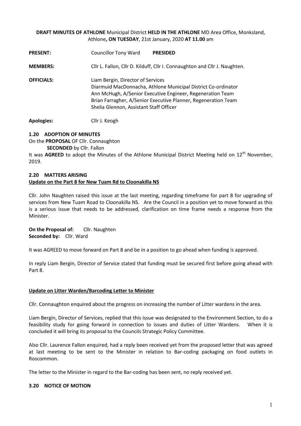 DRAFT MINUTES of ATHLONE Municipal District HELD in the ATHLONE MD Area Office, Monksland, Athlone, on TUESDAY, 21St January, 2020 at 11.00 Am