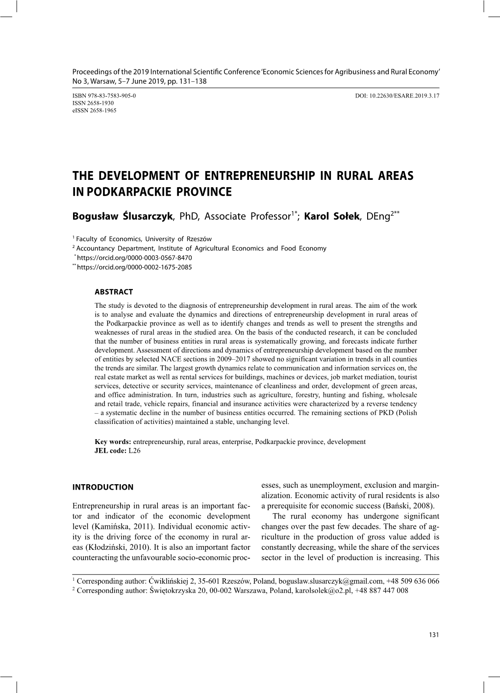 The Development of Entrepreneurship in Rural Areas in Podkarpackie Province