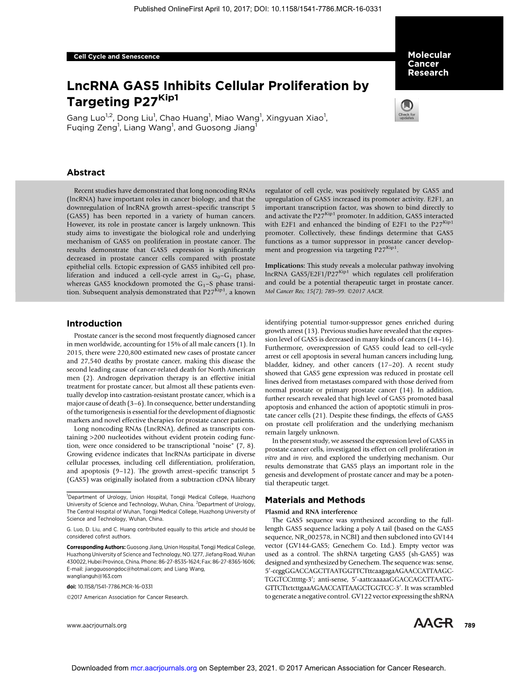 Lncrna GAS5 Inhibits Cellular Proliferation by Targeting P27kip1