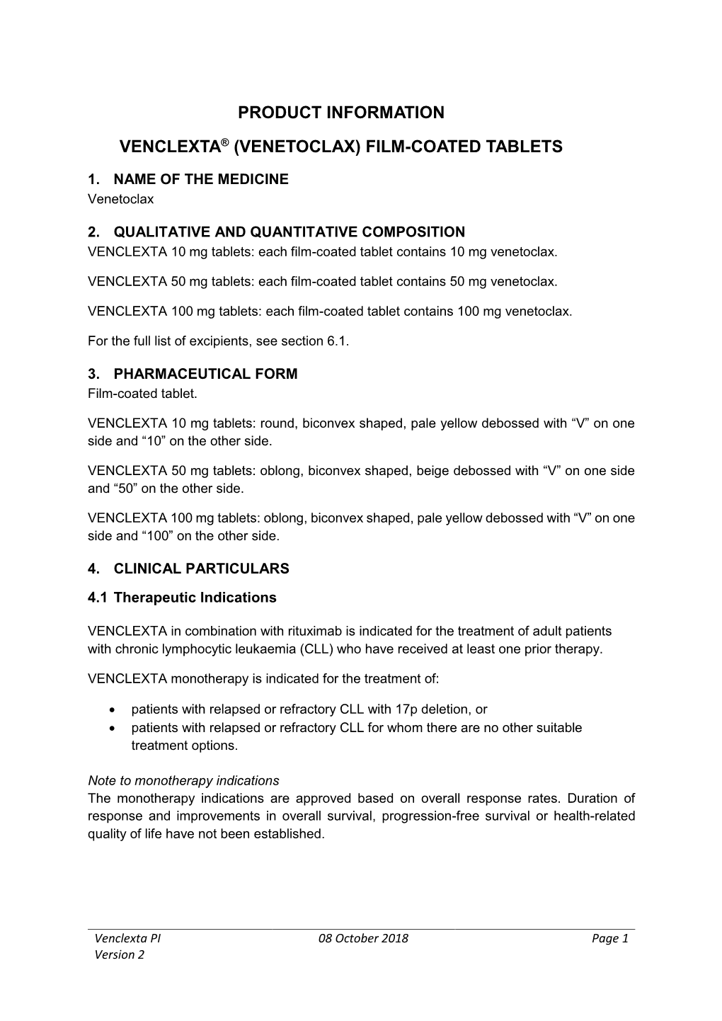 Product Information Venclexta® (Venetoclax)