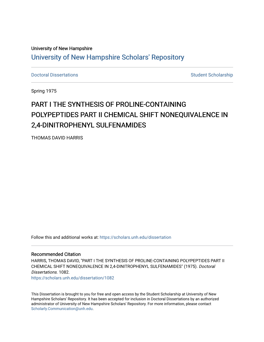 Part I the Synthesis of Proline-Containing Polypeptides Part Ii Chemical Shift Nonequivalence in 2,4-Dinitrophenyl Sulfenamides