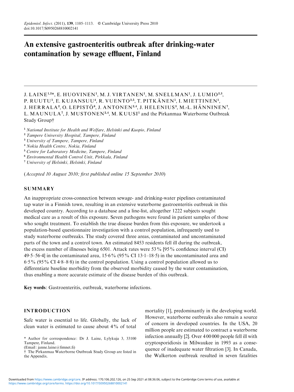 An Extensive Gastroenteritis Outbreak After Drinking-Water Contamination by Sewage Eﬄuent, Finland