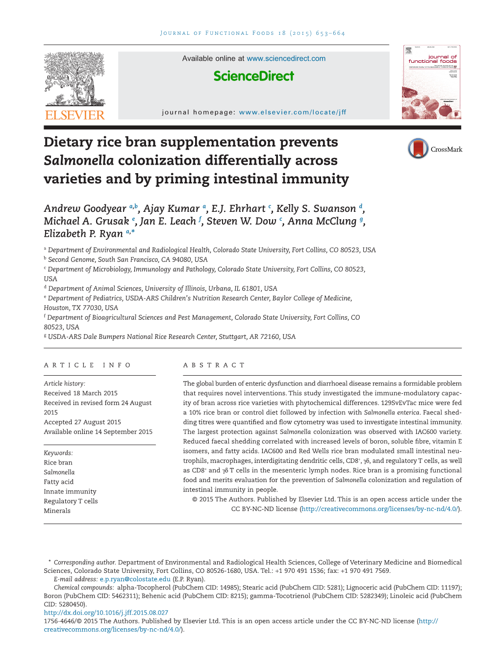 Dietary Rice Bran Supplementation Prevents Salmonella Colonization Differentially Across Varieties and by Priming Intestinal Immunity