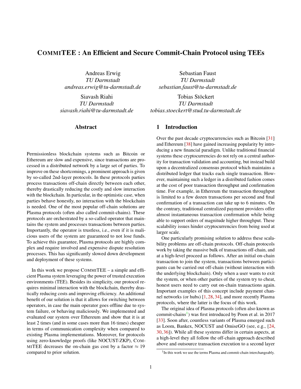 COMMITEE : an Efficient and Secure Commit-Chain Protocol Using Tees