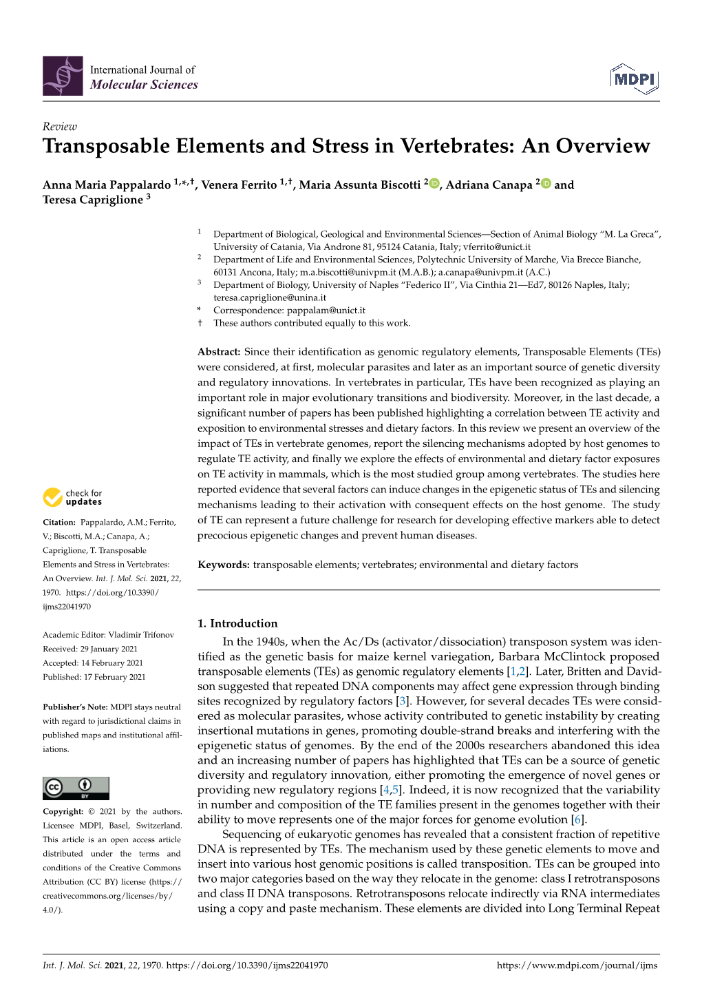 Transposable Elements and Stress in Vertebrates: an Overview