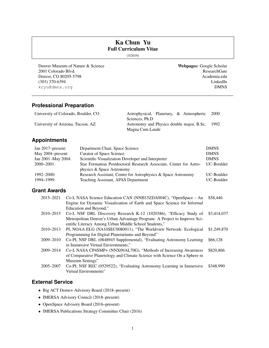 Ka Chun Yu Full Curriculum Vitae (5/2019)