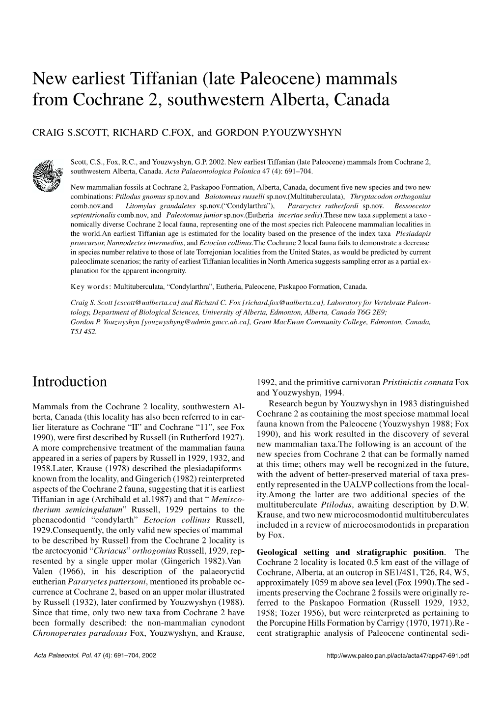 Late Paleocene) Mammals from Cochrane 2, Southwestern Alberta, Canada