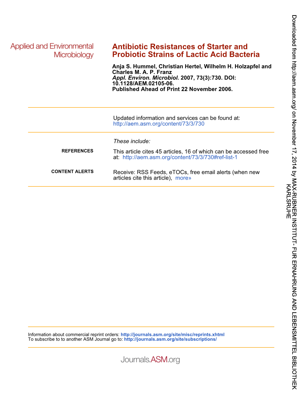 Probiotic Strains of Lactic Acid Bacteria Antibiotic Resistances Of