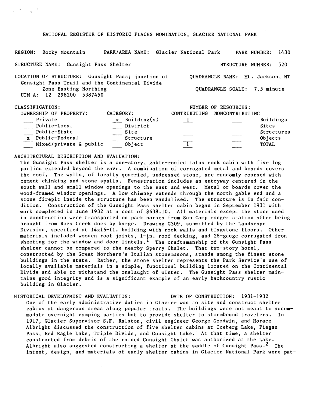 Gunsight Pass Shelter STRUCTURE NUMBER: 520