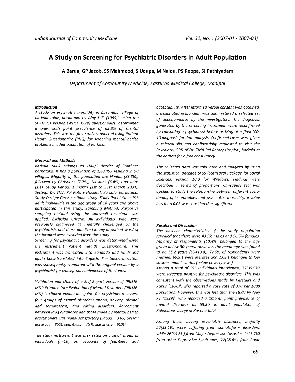 A Study on Screening for Psychiatric Disorders in Adult Population