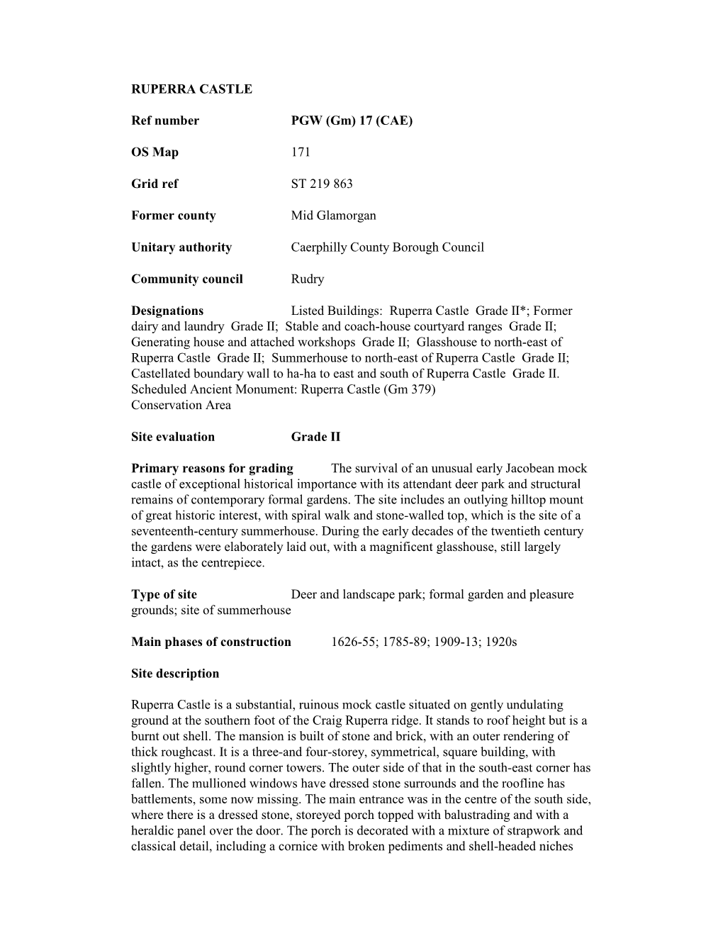 RUPERRA CASTLE Ref Number PGW (Gm) 17 (CAE) OS Map 171 Grid