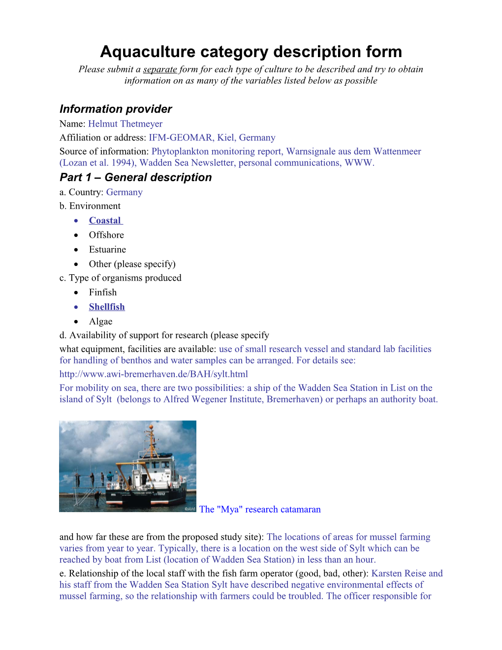 Aquaculture Category Description Form