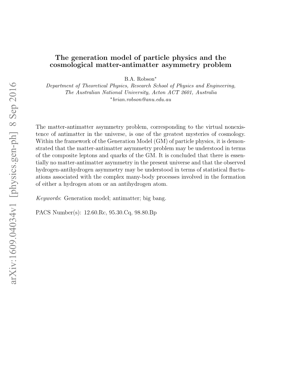 Arxiv:1609.04034V1 [Physics.Gen-Ph] 8 Sep 2016 Asnme() 26.C 53.Q 98.80.Bp 95.30.Cq, 12.60.Rc, Number(S): PACS Atom