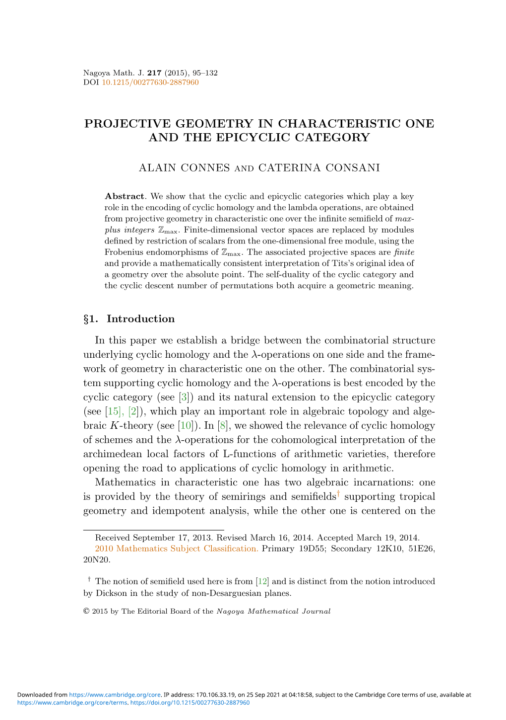 Projective Geometry in Characteristic One and the Epicyclic Category