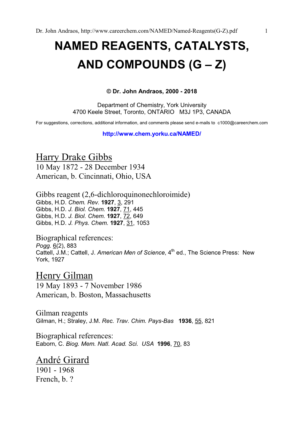 Named Reagents, Catalysts, and Compounds (G – Z)