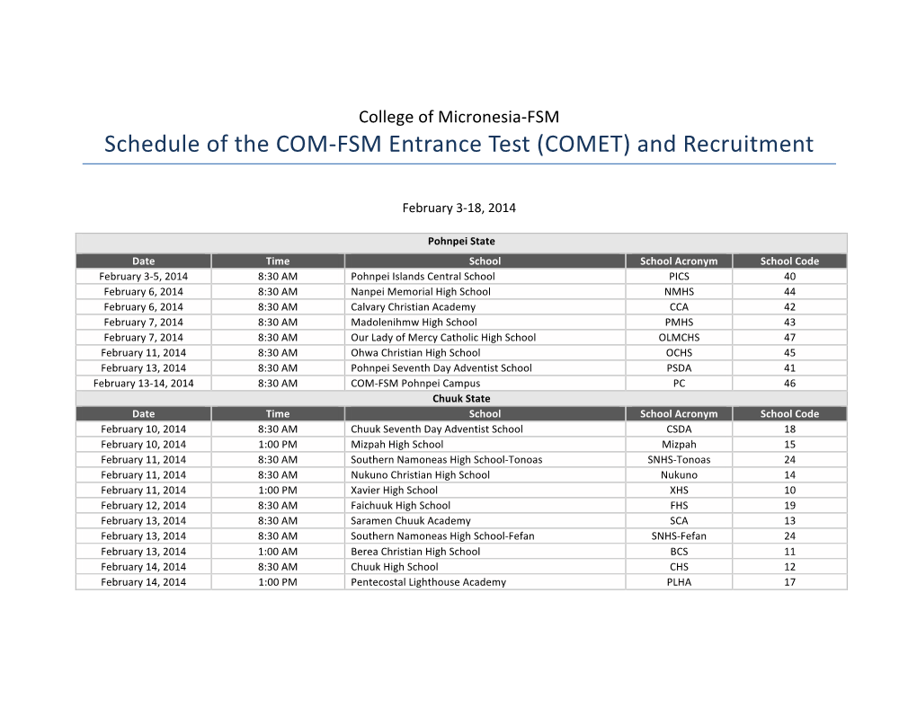 Schedule of the COM-‐FSM Entrance Test (COMET) and Recruitment