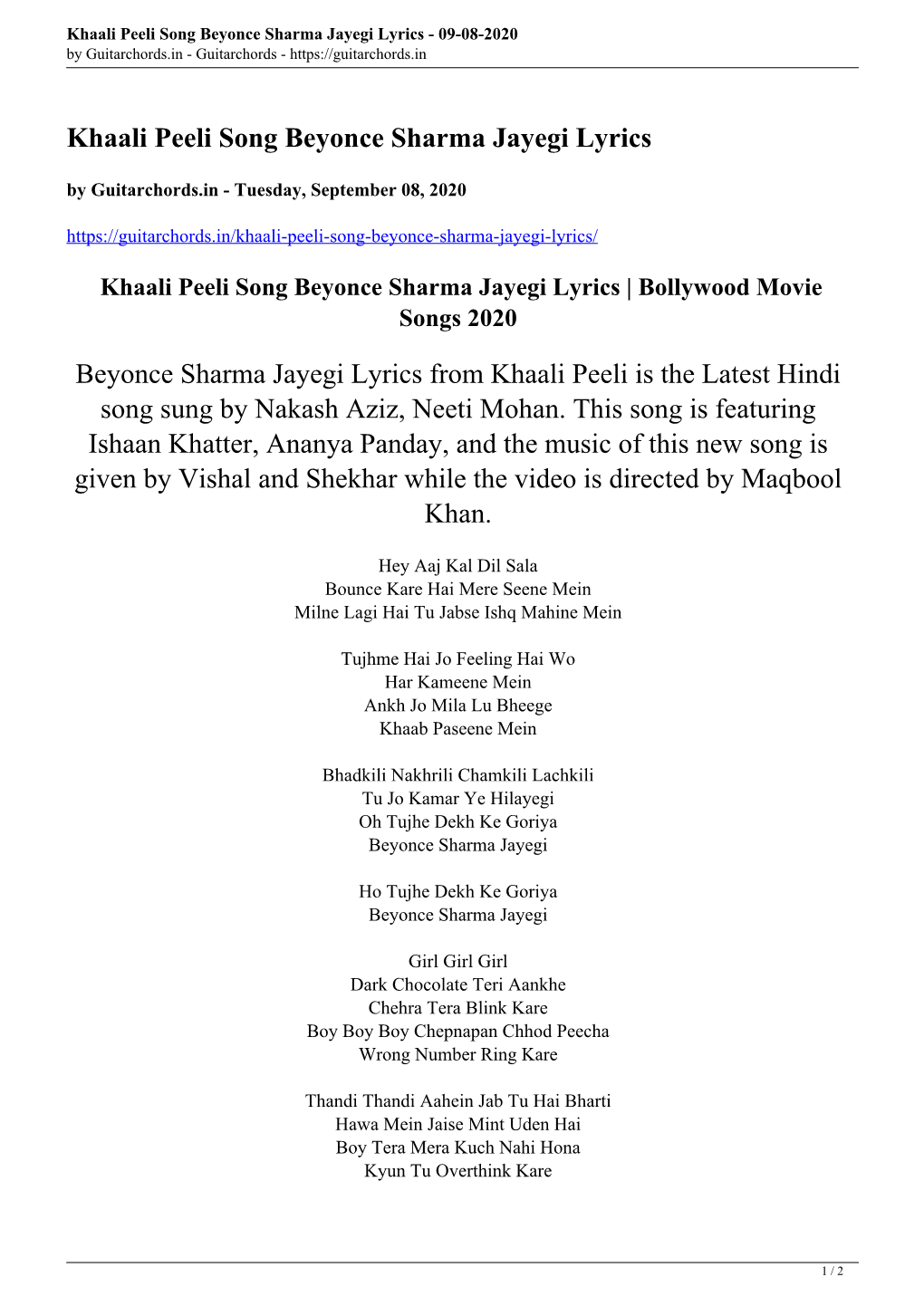 Khaali Peeli Song Beyonce Sharma Jayegi Lyrics - 09-08-2020 by Guitarchords.In - Guitarchords