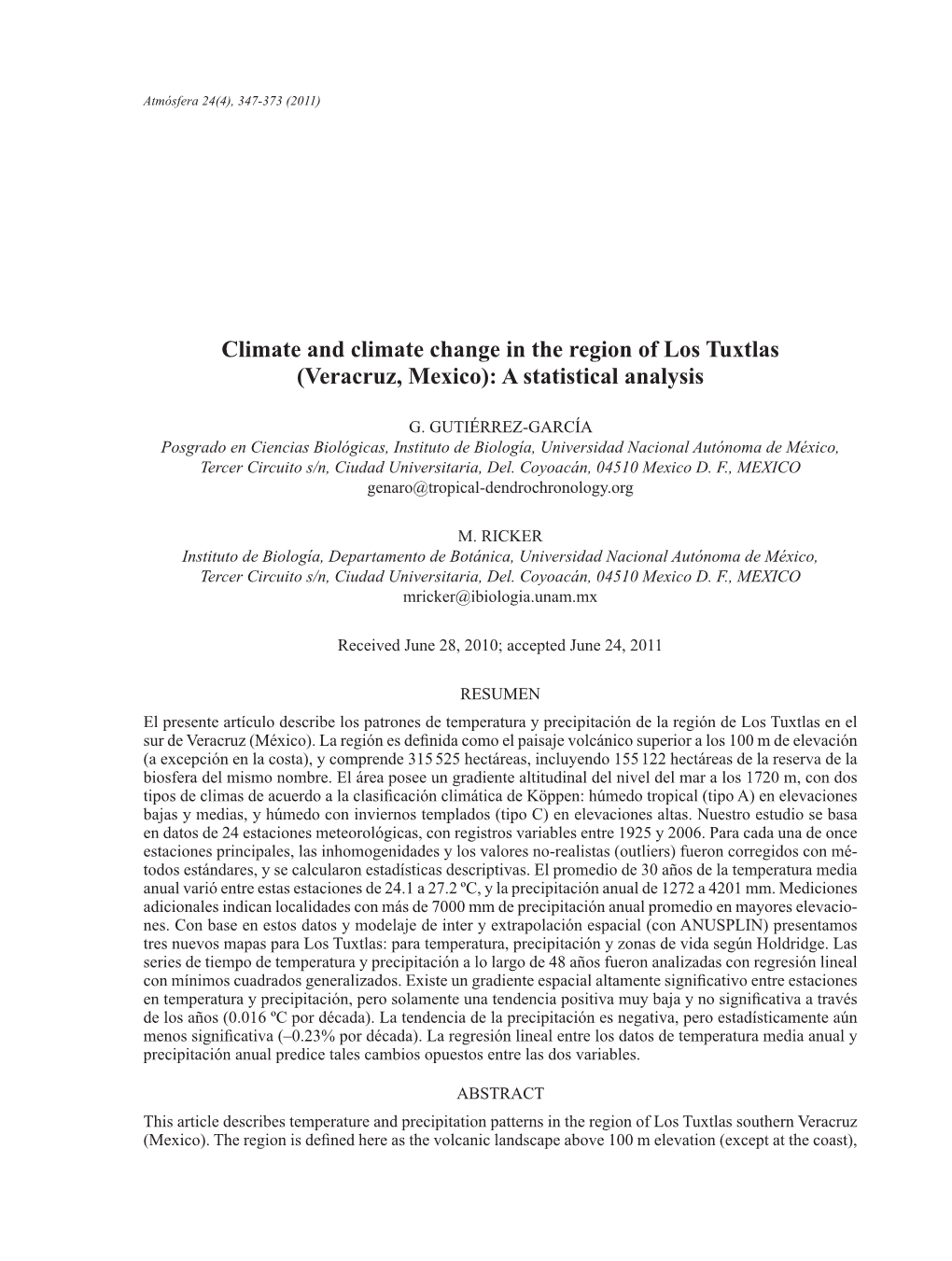 Climate and Climate Change in the Region of Los Tuxtlas (Veracruz, Mexico): a Statistical Analysis