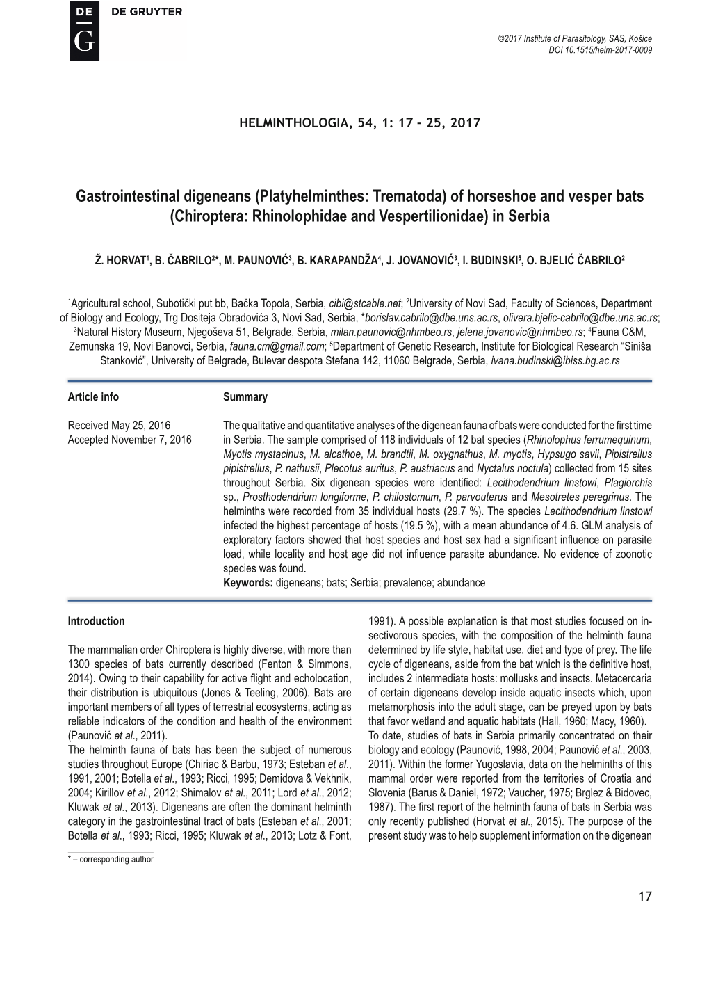 Gastrointestinal Digeneans (Platyhelminthes: Trematoda) of Horseshoe and Vesper Bats (Chiroptera: Rhinolophidae and Vespertilionidae) in Serbia