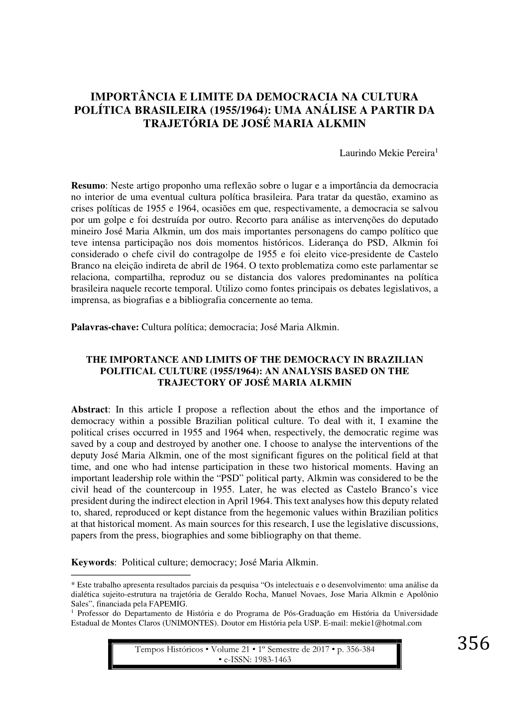 (1955/1964): Uma Análise a Partir Da Trajetória De José Maria Alkmin