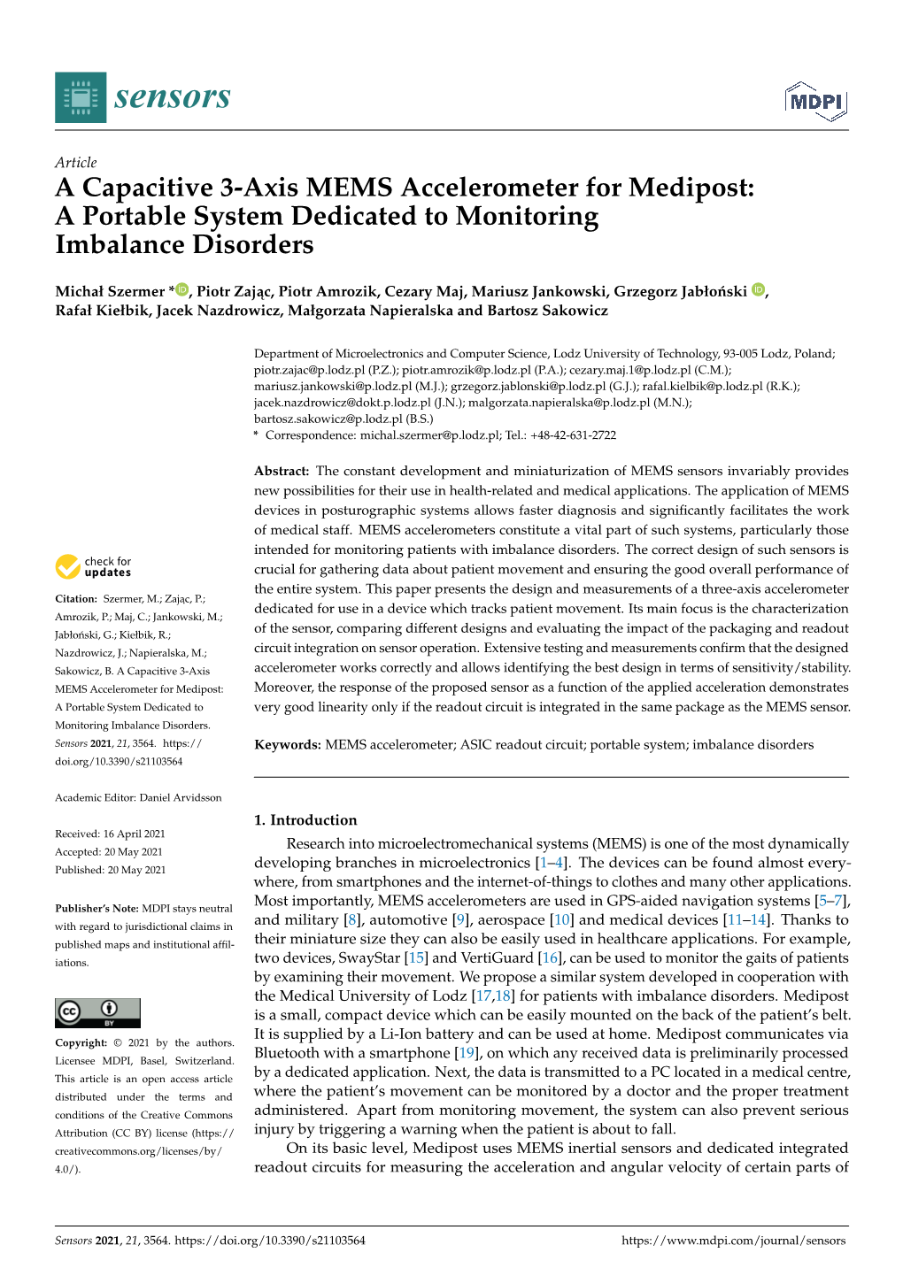 A Capacitive 3-Axis MEMS Accelerometer for Medipost: a Portable System Dedicated to Monitoring Imbalance Disorders