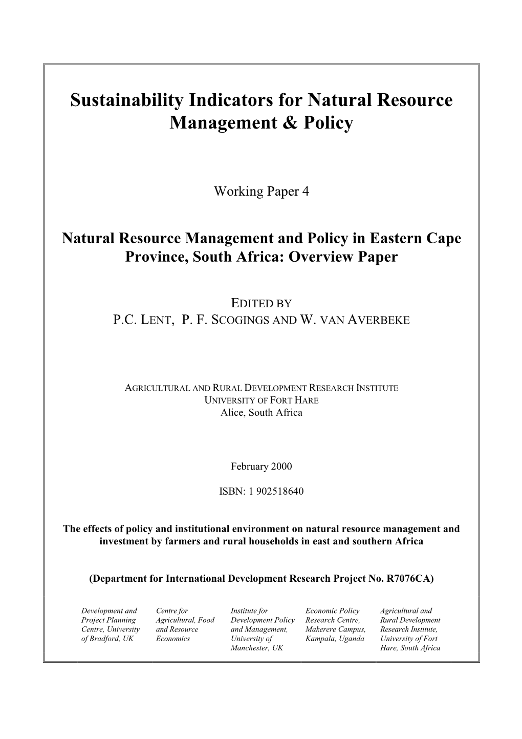 Natural Resource Management and Policy in Eastern Cape Province, South Africa: Overview Paper