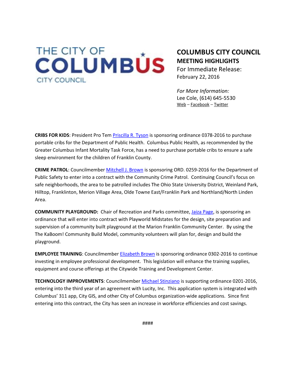 COLUMBUS CITY COUNCIL MEETING HIGHLIGHTS for Immediate Release: February 22, 2016