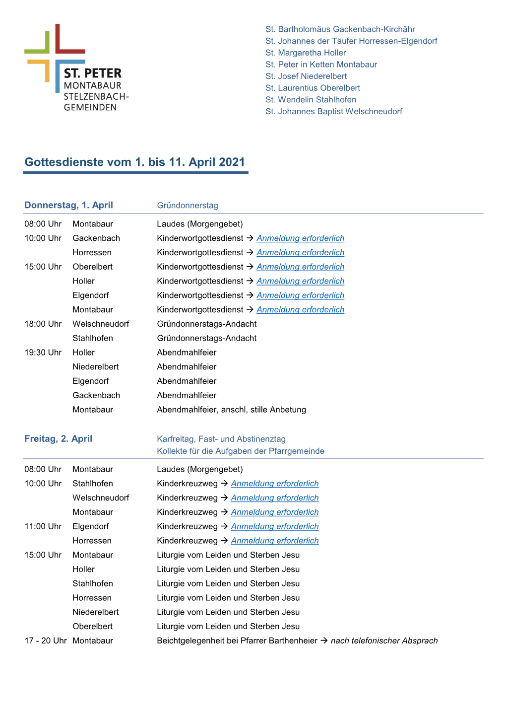 Gottesdienste Vom 1. Bis 11. April 2021