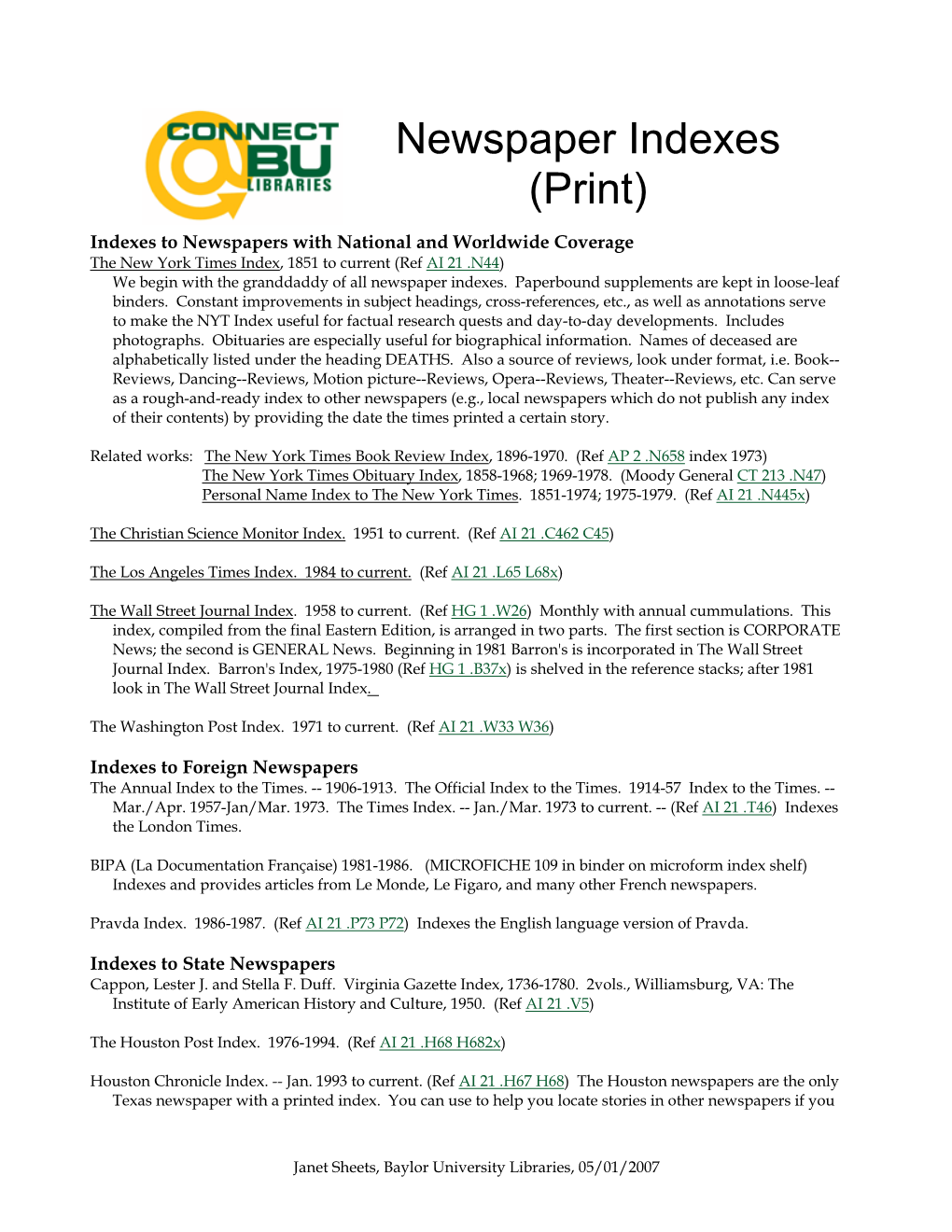 Newspaper Indexes (Print)