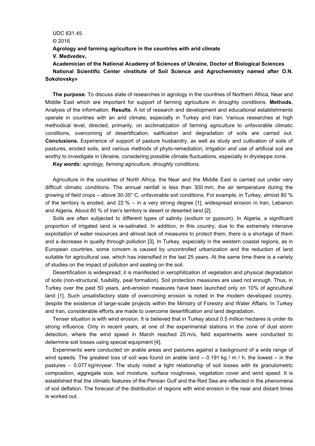 UDC 631.45 © 2016 Agrology and Farming Agriculture in the Countries with Arid Climate V